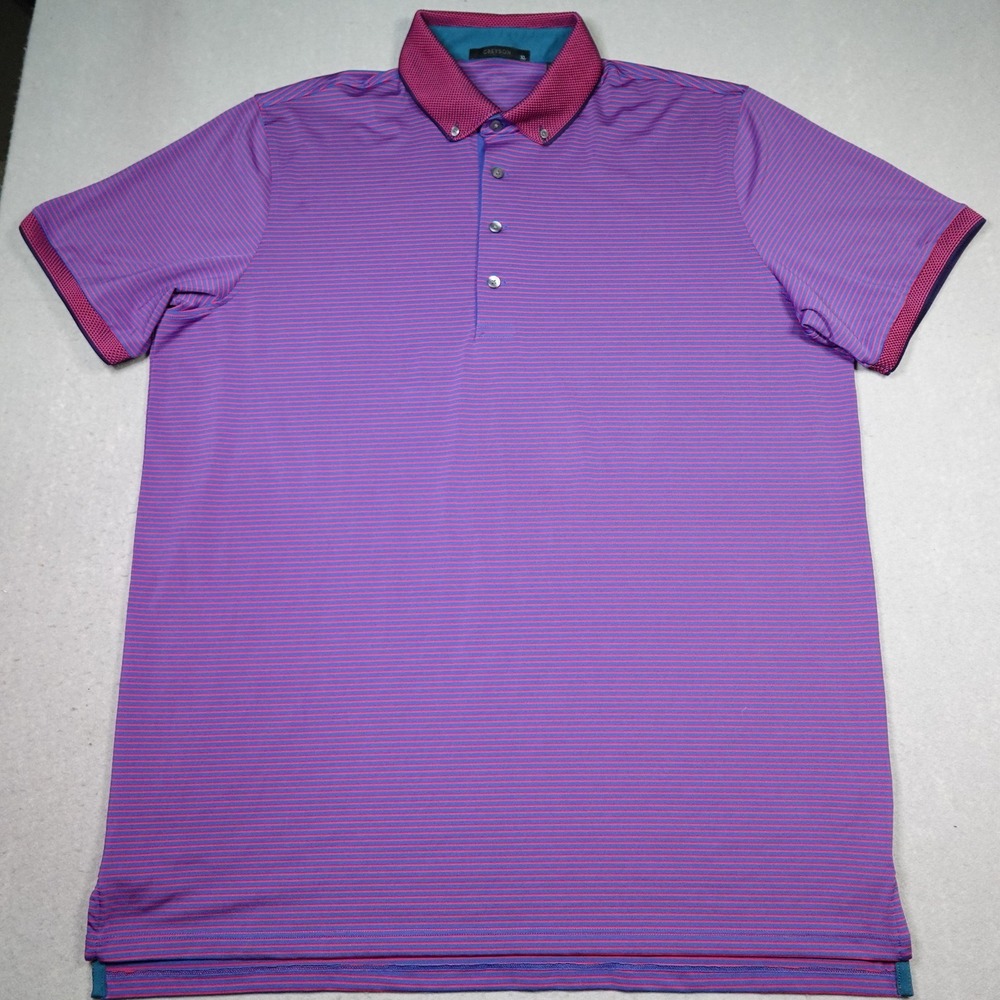 Greyson Polo Shirt Mens XL Purple Pink Striped Button Collar Golf Performance
